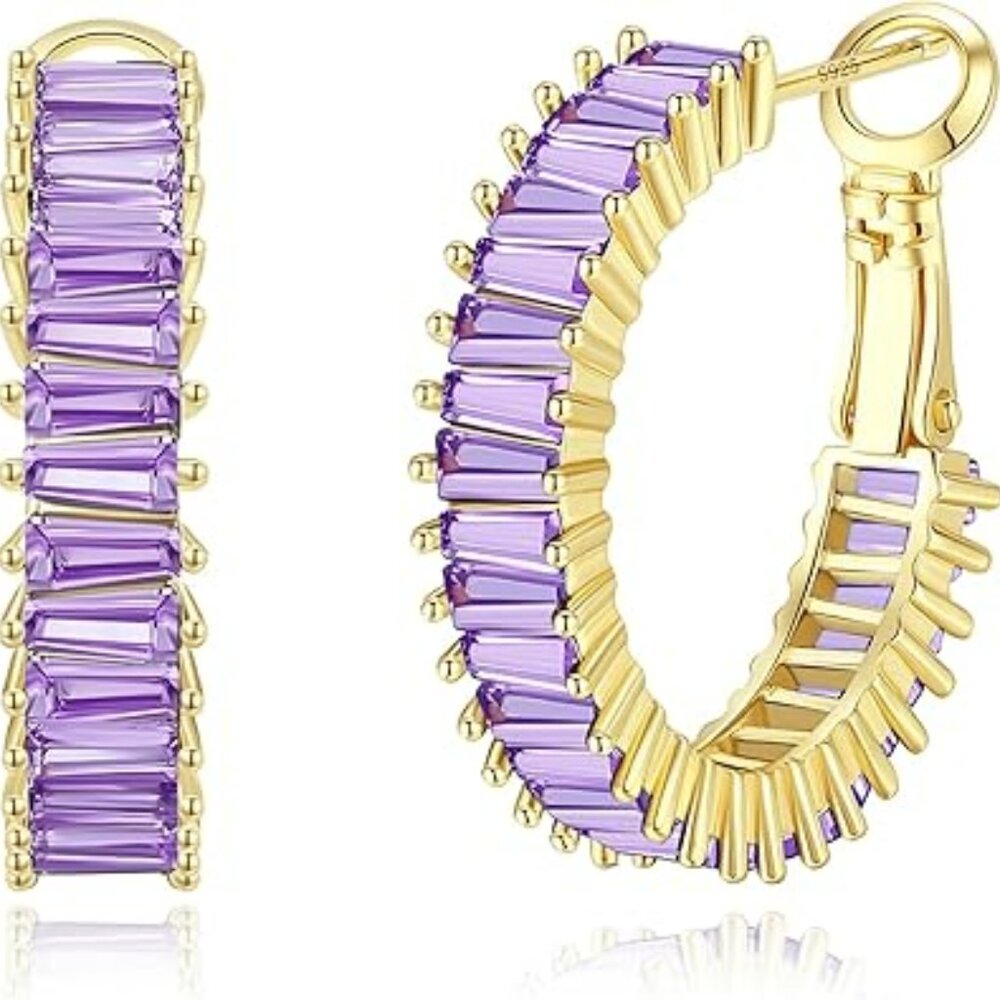 Stunning Cubic Zirconia lilac Hoop Earrings 14K Gold‎ Lightweight Hypoallergenic